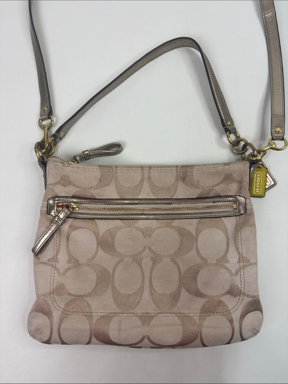 Coach Signature C Canvas Crossbody Bag Beige Gold Leather Trim Coral lined